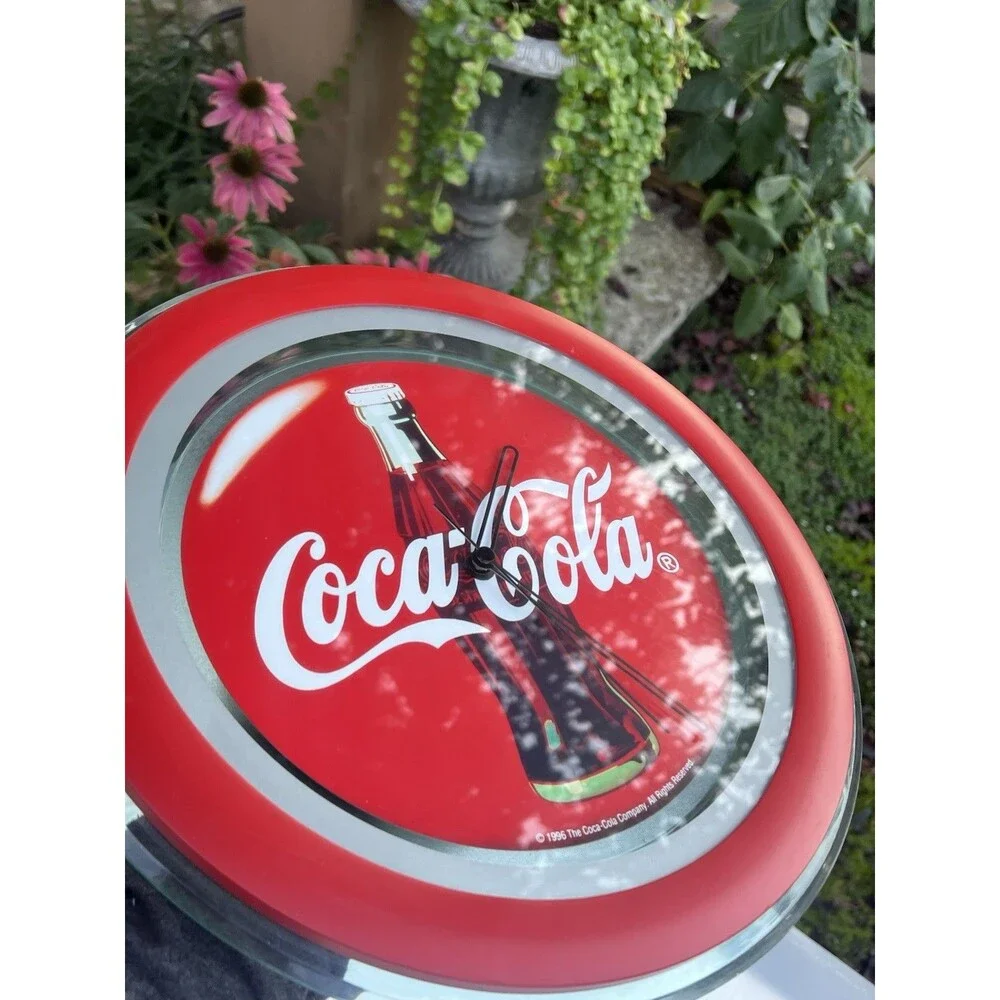 1996 Coca-Cola Glass Wall Clock Quartz Bottle Logo Red Silver Vintage Decor